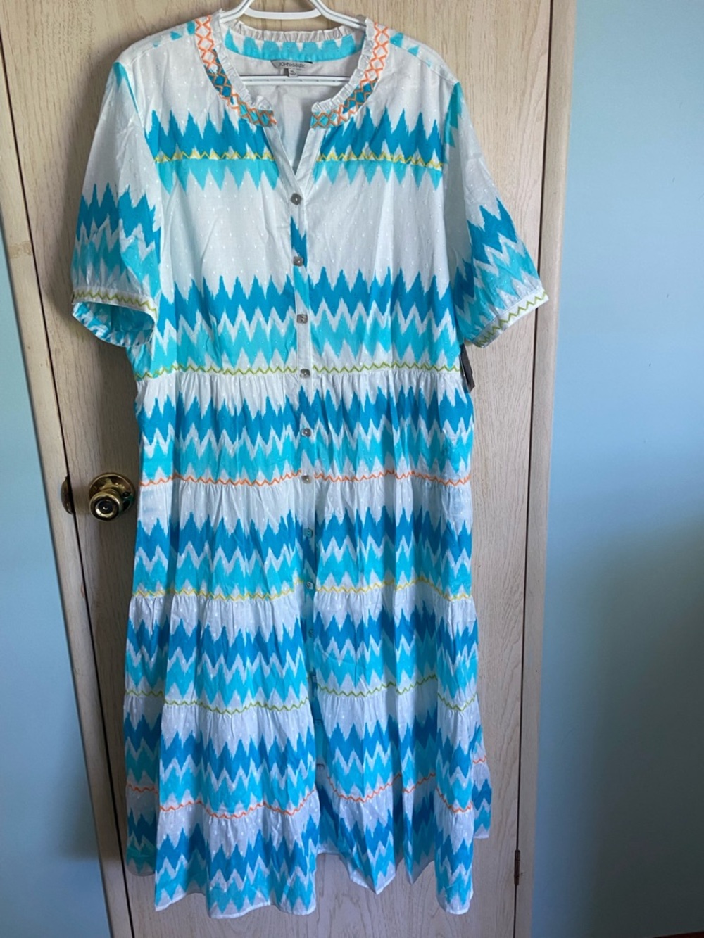 JOHN MARK Island Dreaming Chevron Stripe & Embroidered MIDI Dress Sz XL NWT